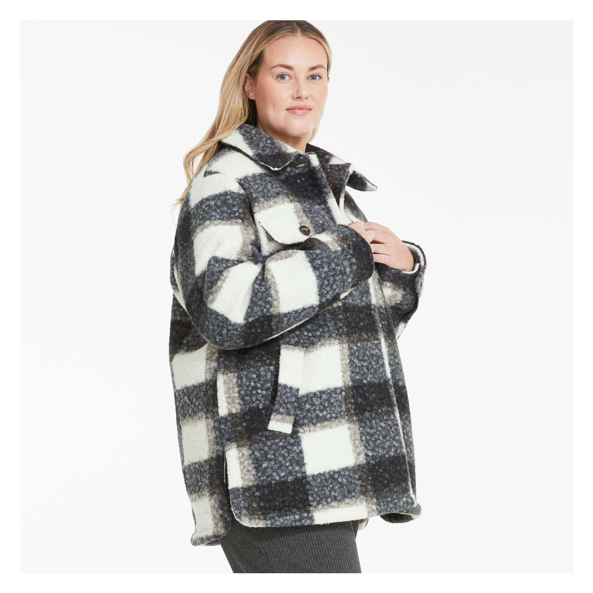 Women Plaid Shirt Jacket in Dark Grey from Joe Fresh